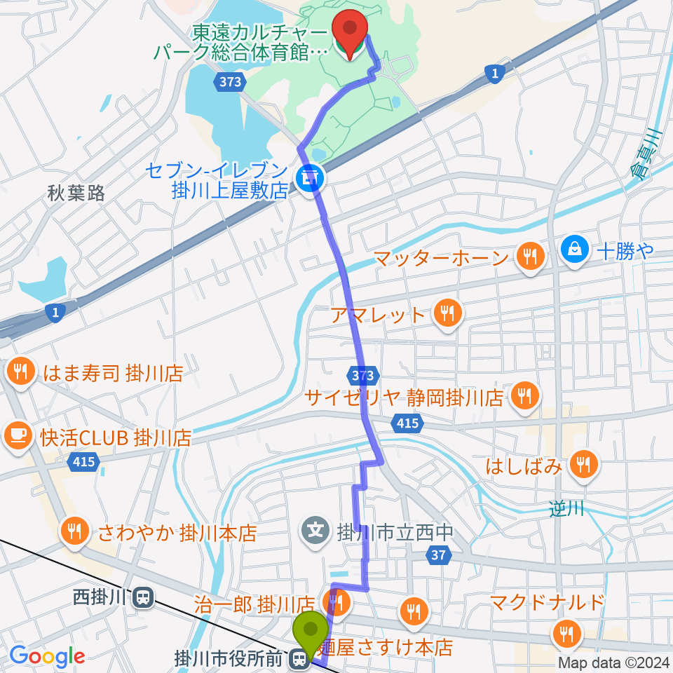 掛川市役所前駅から東遠カルチャーパーク総合体育館さんりーなへのルートマップ地図