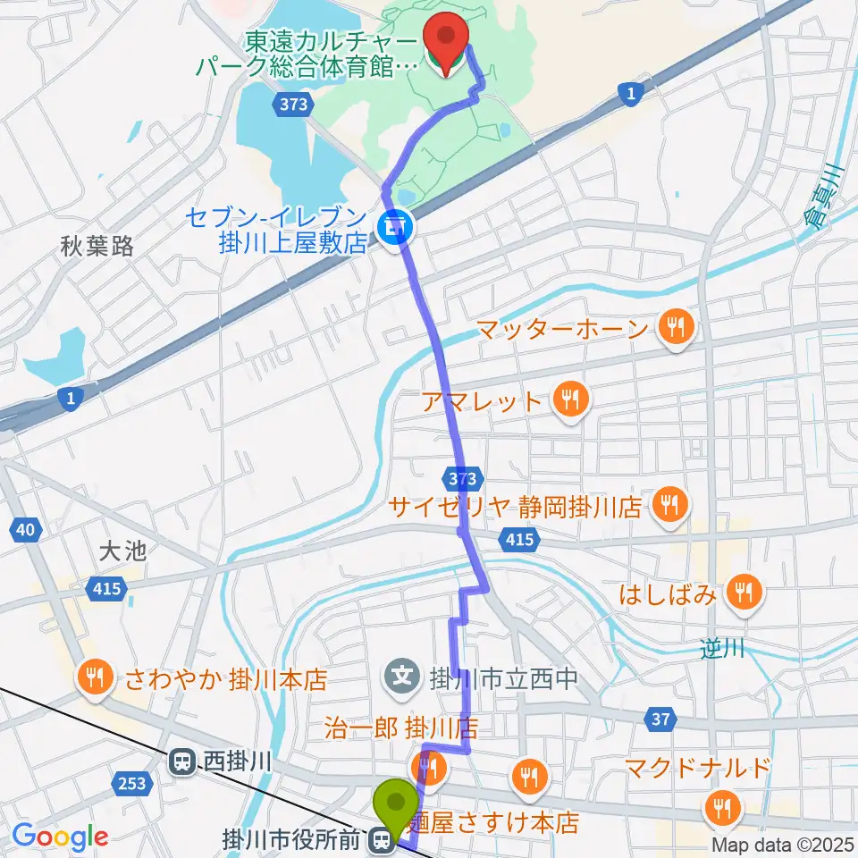 掛川市役所前駅から東遠カルチャーパーク総合体育館さんりーなへのルートマップ地図