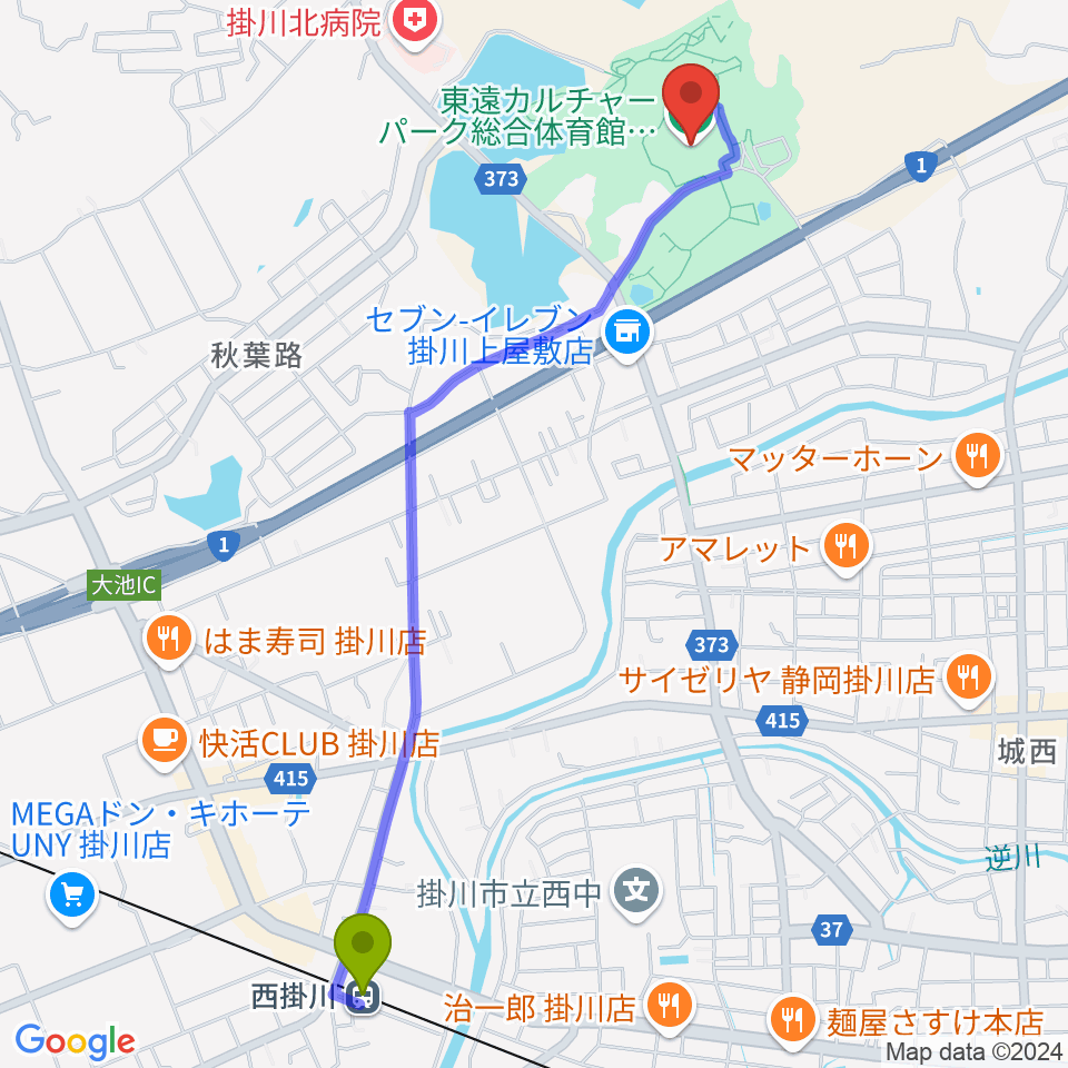 東遠カルチャーパーク総合体育館さんりーなの最寄駅西掛川駅からの徒歩ルート（約27分）地図