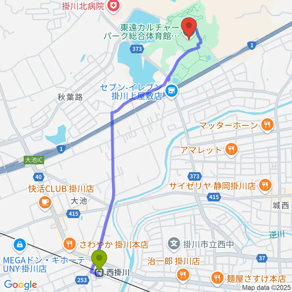 東遠カルチャーパーク総合体育館さんりーなの最寄駅西掛川駅からの徒歩ルート（約27分）地図