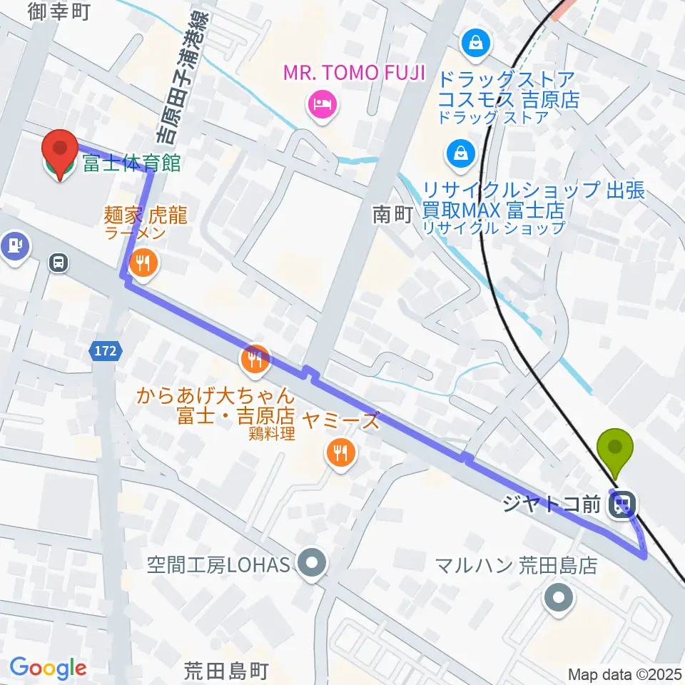 ジヤトコ前（ジヤトコ１地区前）駅から富士市立富士体育館へのルートマップ地図