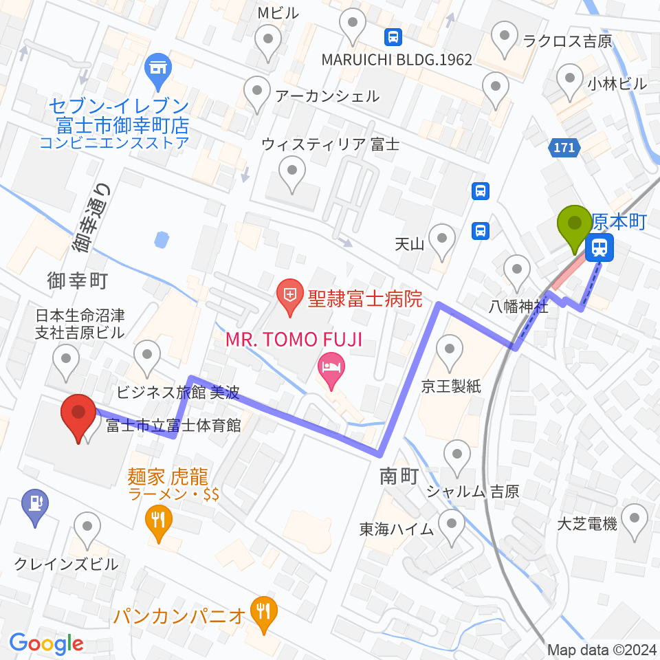 富士市立富士体育館の最寄駅吉原本町駅からの徒歩ルート（約6分）地図