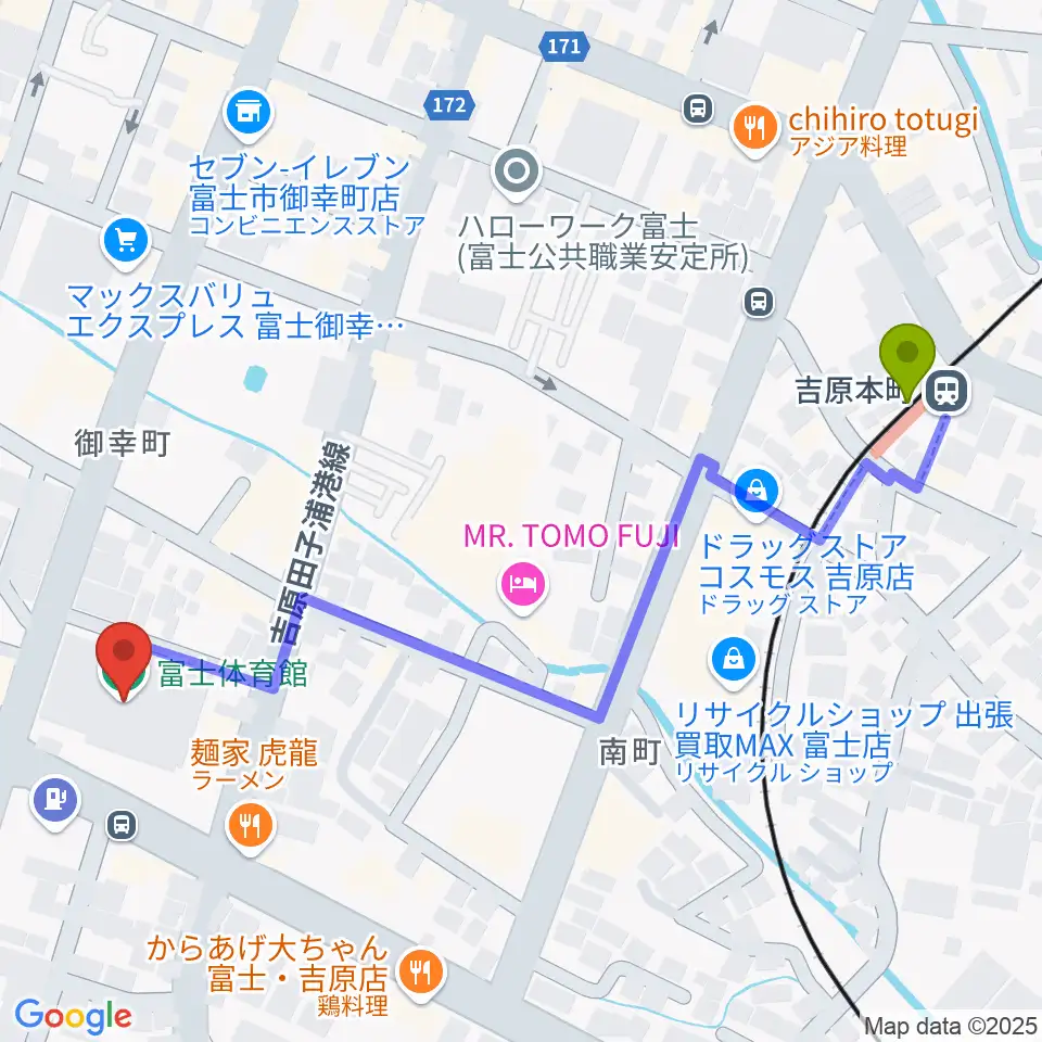 富士市立富士体育館の最寄駅吉原本町駅からの徒歩ルート（約6分）地図