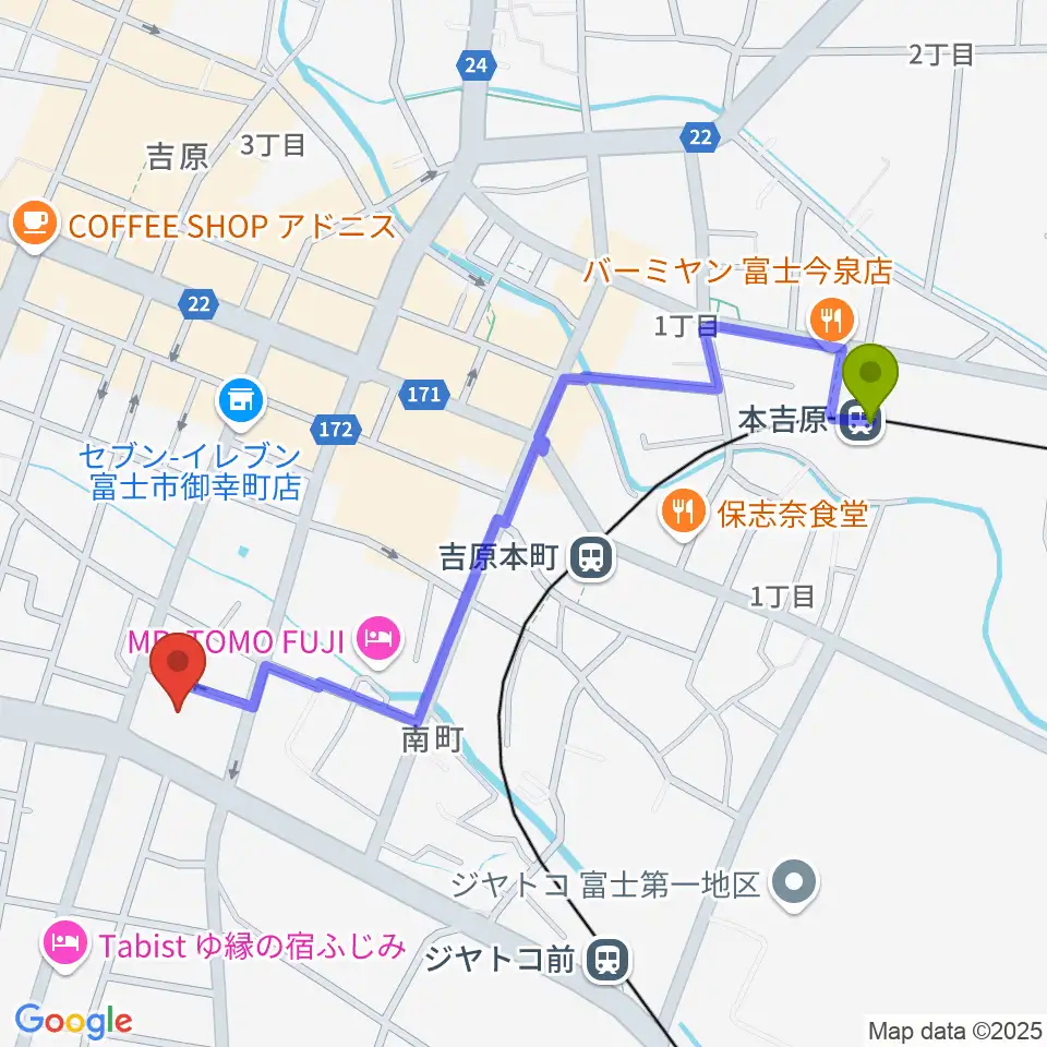 本吉原駅から富士市立富士体育館へのルートマップ地図
