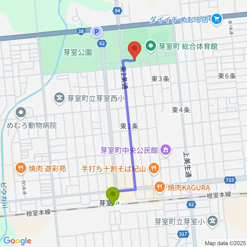 芽室町温水プールの最寄駅芽室駅からの徒歩ルート（約17分）地図