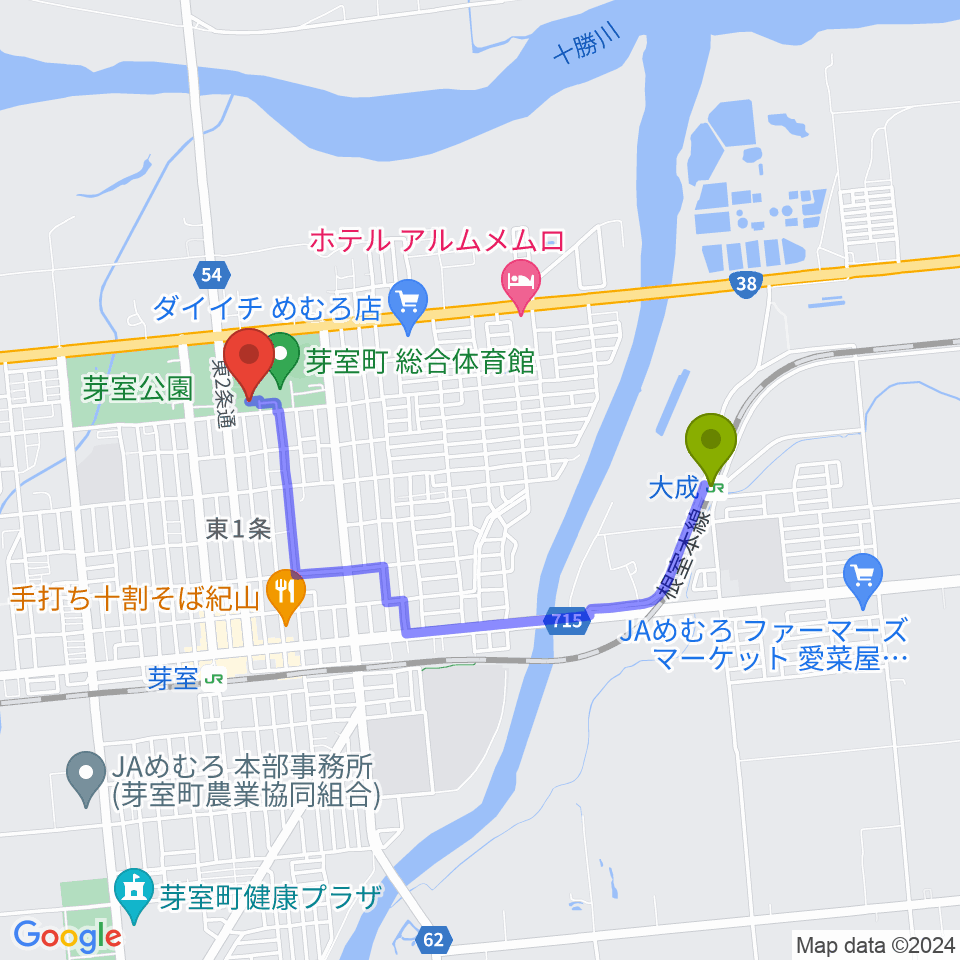 大成駅から芽室町温水プールへのルートマップ地図
