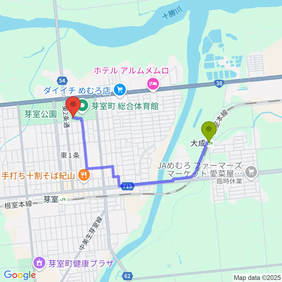 大成駅から芽室町温水プールへのルートマップ地図