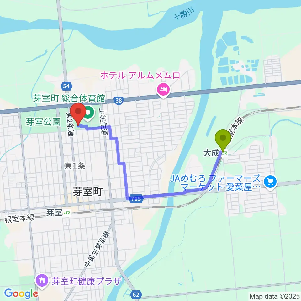 大成駅から芽室町温水プールへのルートマップ地図