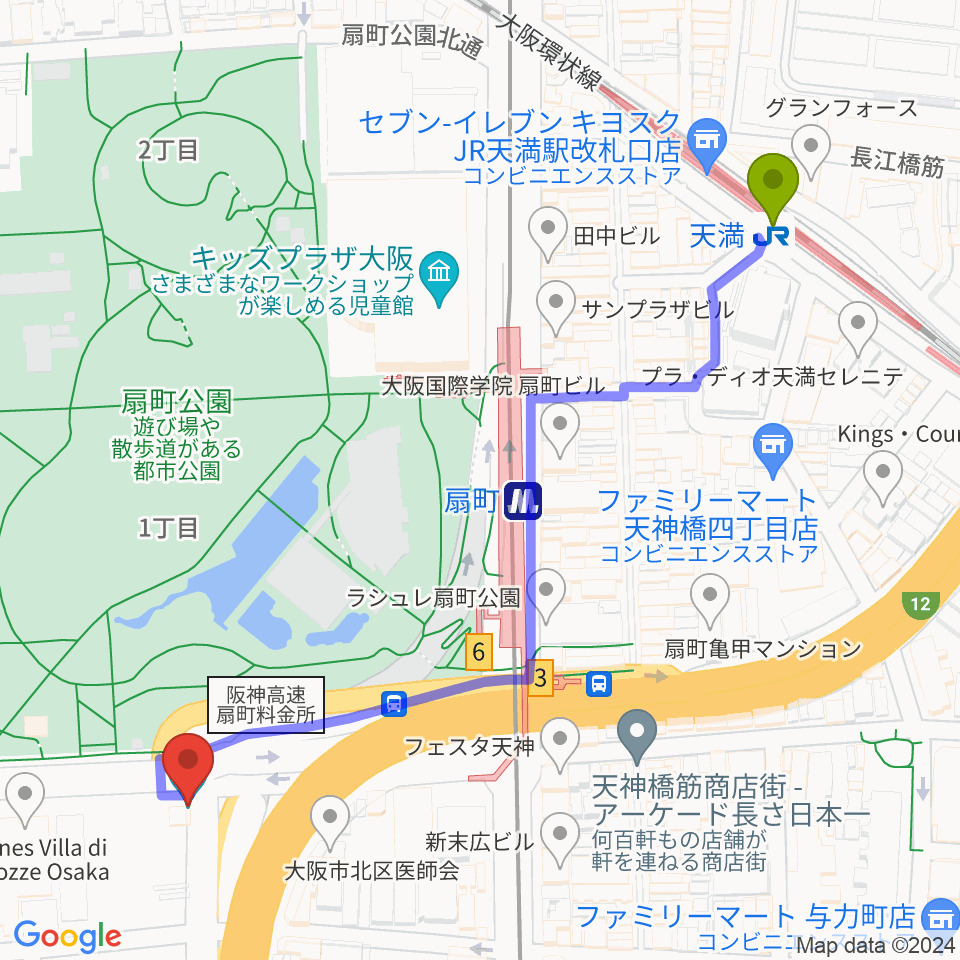 扇町ミュージアムキューブの最寄駅天満駅からの徒歩ルート（約7分）地図