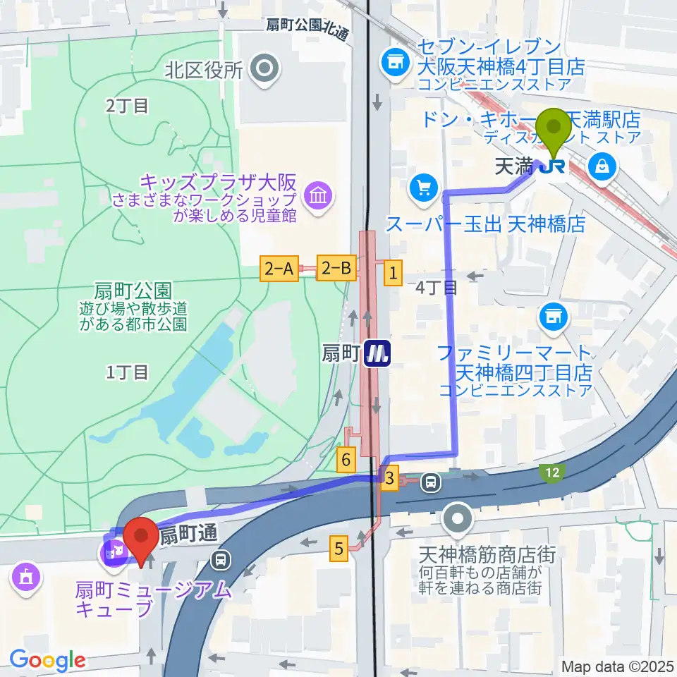 扇町ミュージアムキューブの最寄駅天満駅からの徒歩ルート（約7分）地図
