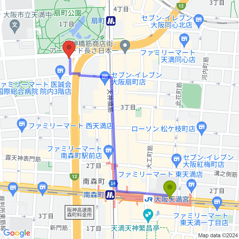 大阪天満宮駅から扇町ミュージアムキューブへのルートマップ地図