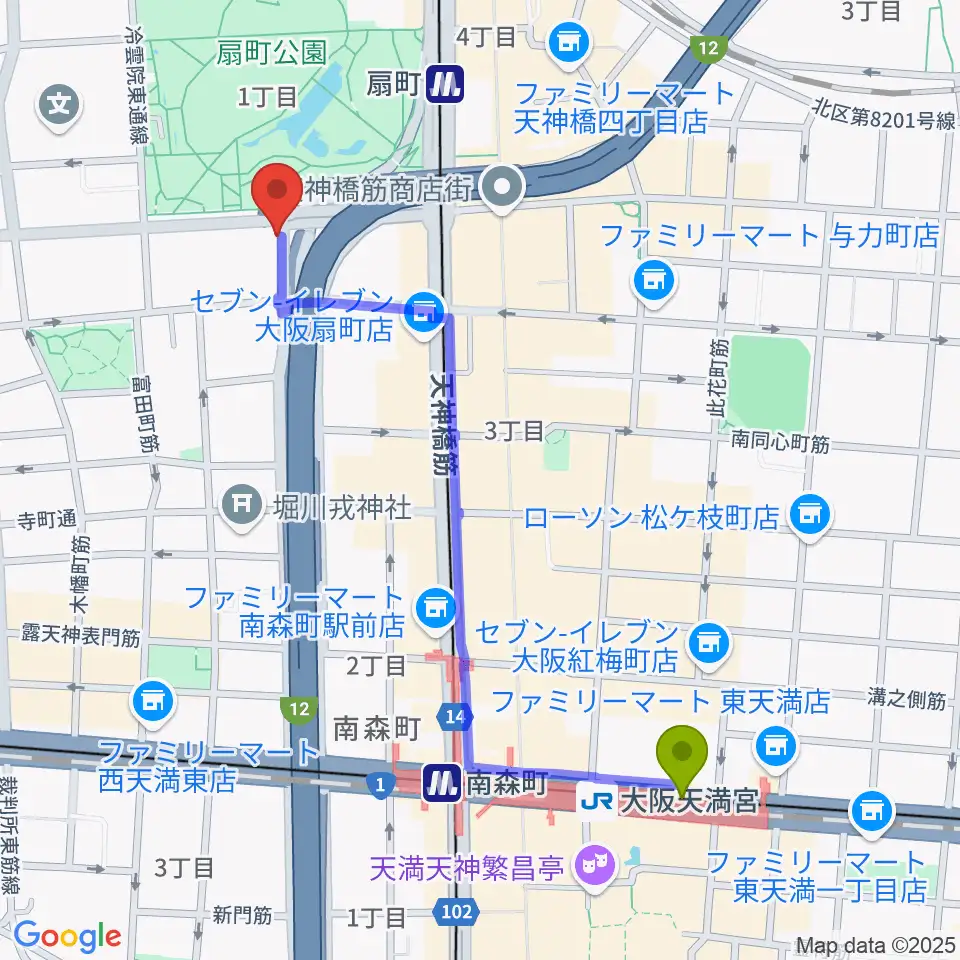 大阪天満宮駅から扇町ミュージアムキューブへのルートマップ地図