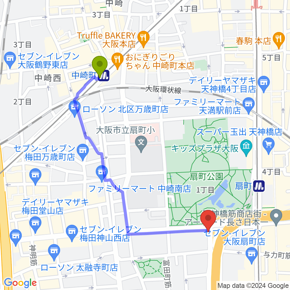 中崎町駅から扇町ミュージアムキューブへのルートマップ地図