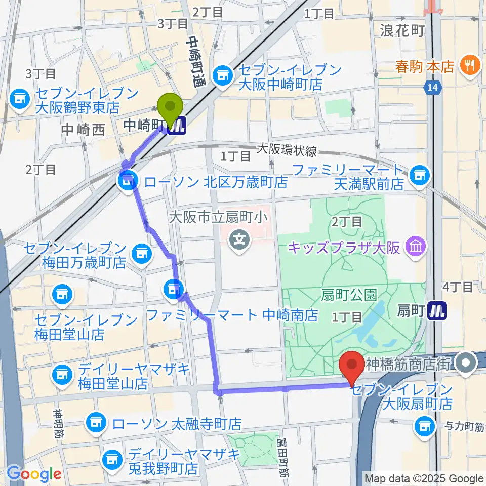 中崎町駅から扇町ミュージアムキューブへのルートマップ地図