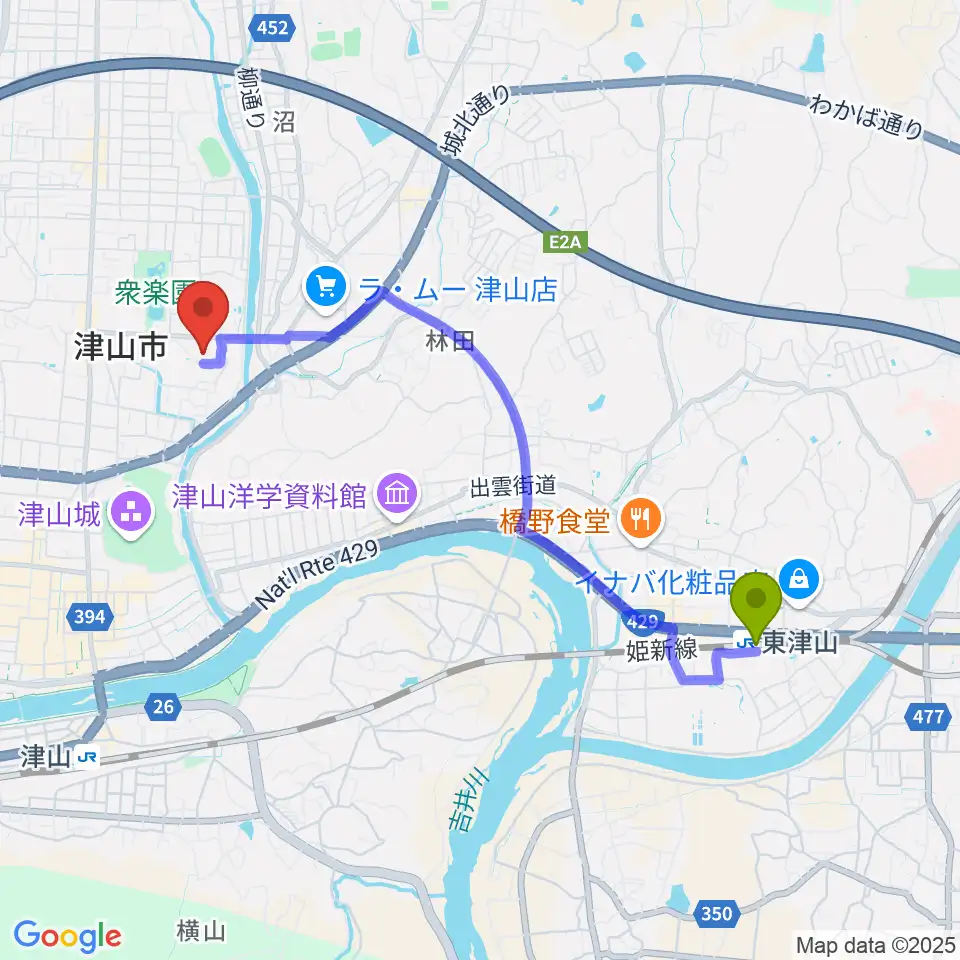 東津山駅から岡山県津山総合体育館へのルートマップ地図
