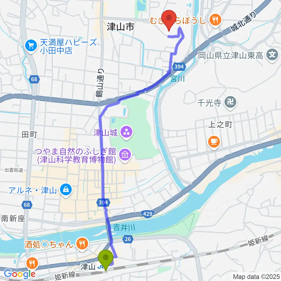岡山県津山総合体育館の最寄駅津山駅からの徒歩ルート（約28分）地図