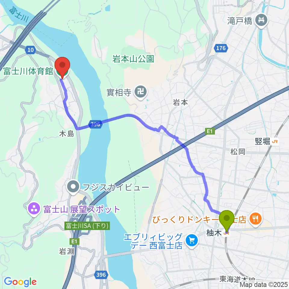 柚木駅から富士市立富士川体育館へのルートマップ地図