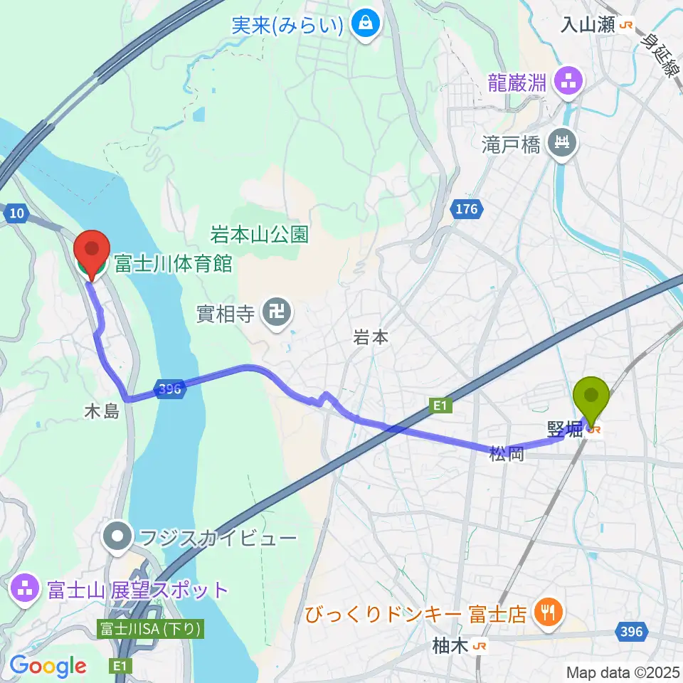 富士市立富士川体育館の最寄駅竪堀駅からの徒歩ルート（約48分）地図