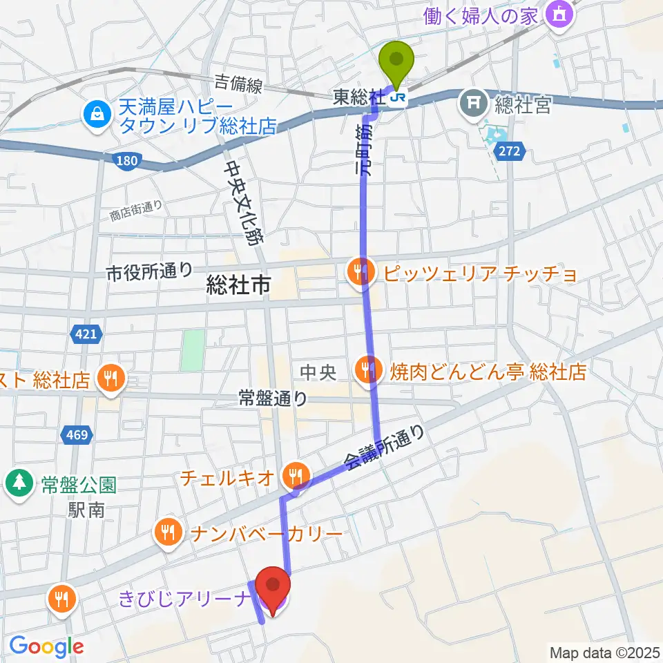 東総社駅からきびじアリーナへのルートマップ地図