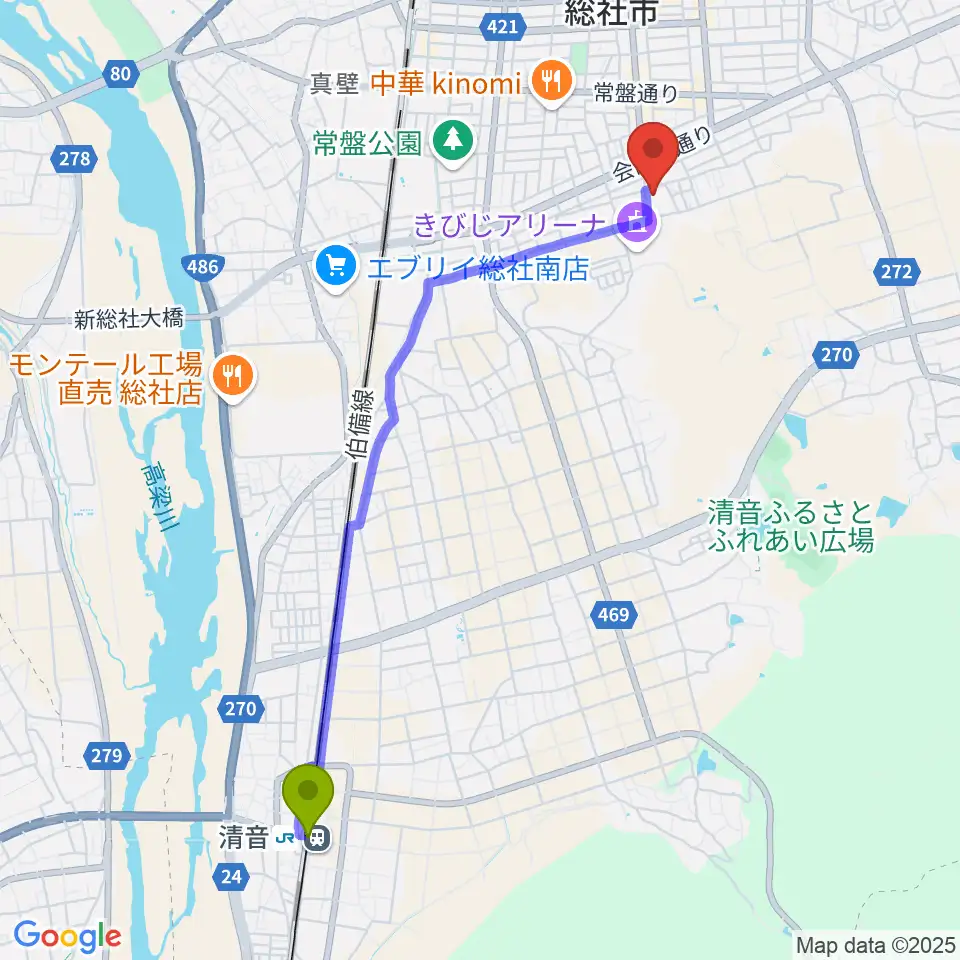 清音駅から総社市武道館へのルートマップ地図
