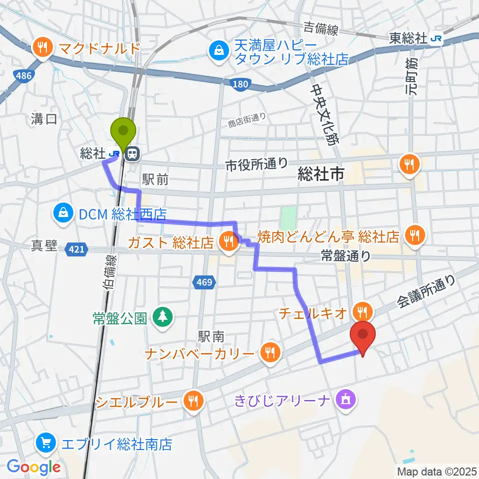 総社市武道館の最寄駅総社駅からの徒歩ルート（約21分）地図