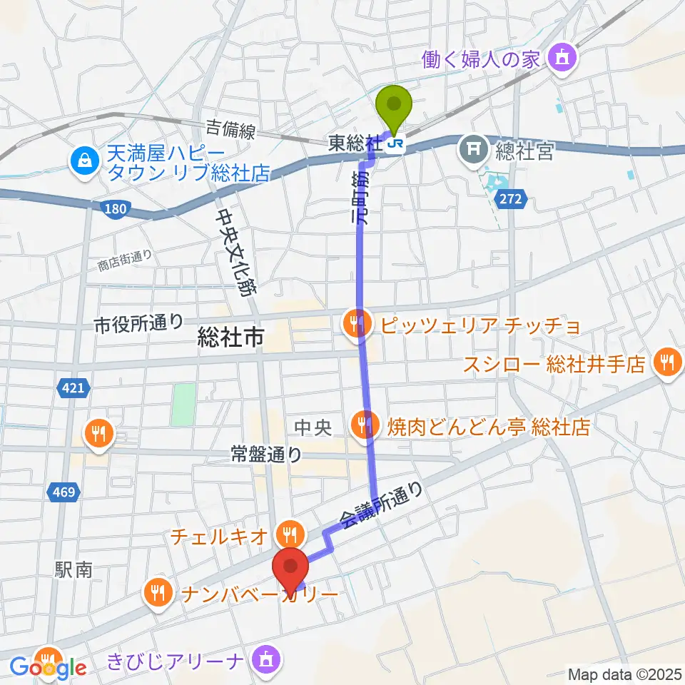 東総社駅から総社市武道館へのルートマップ地図