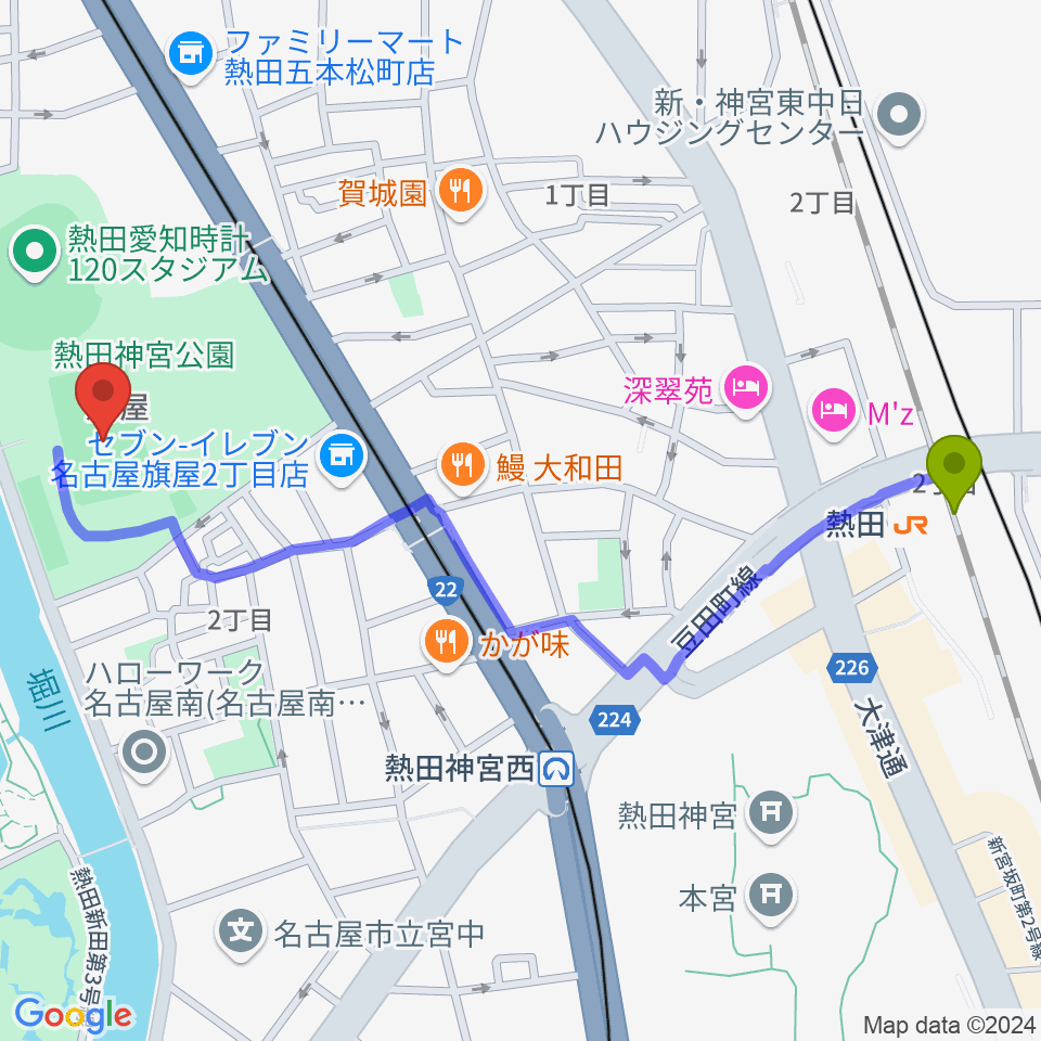 熱田駅から熱田球技場へのルートマップ地図