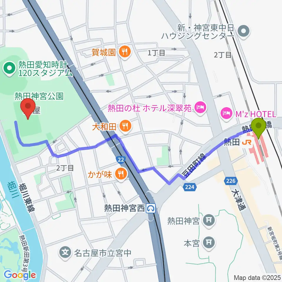 熱田駅から熱田球技場へのルートマップ地図