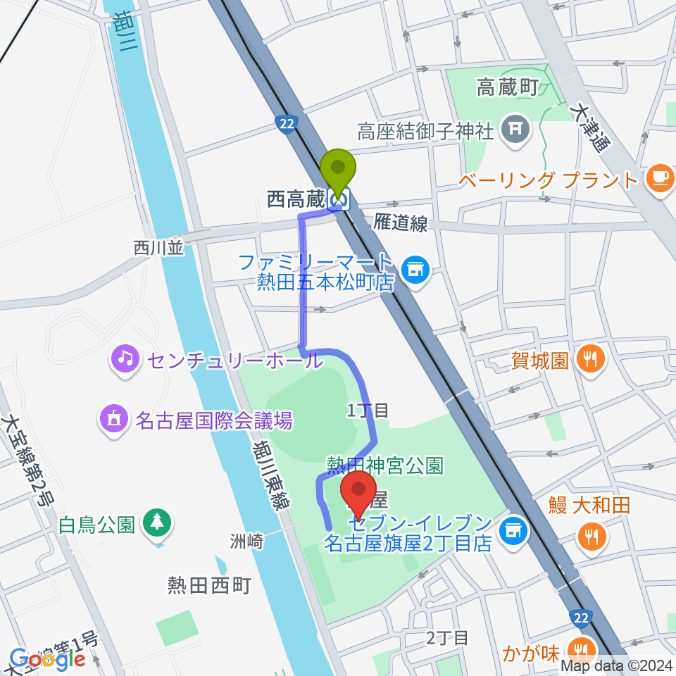 熱田球技場の最寄駅西高蔵駅からの徒歩ルート（約7分）地図