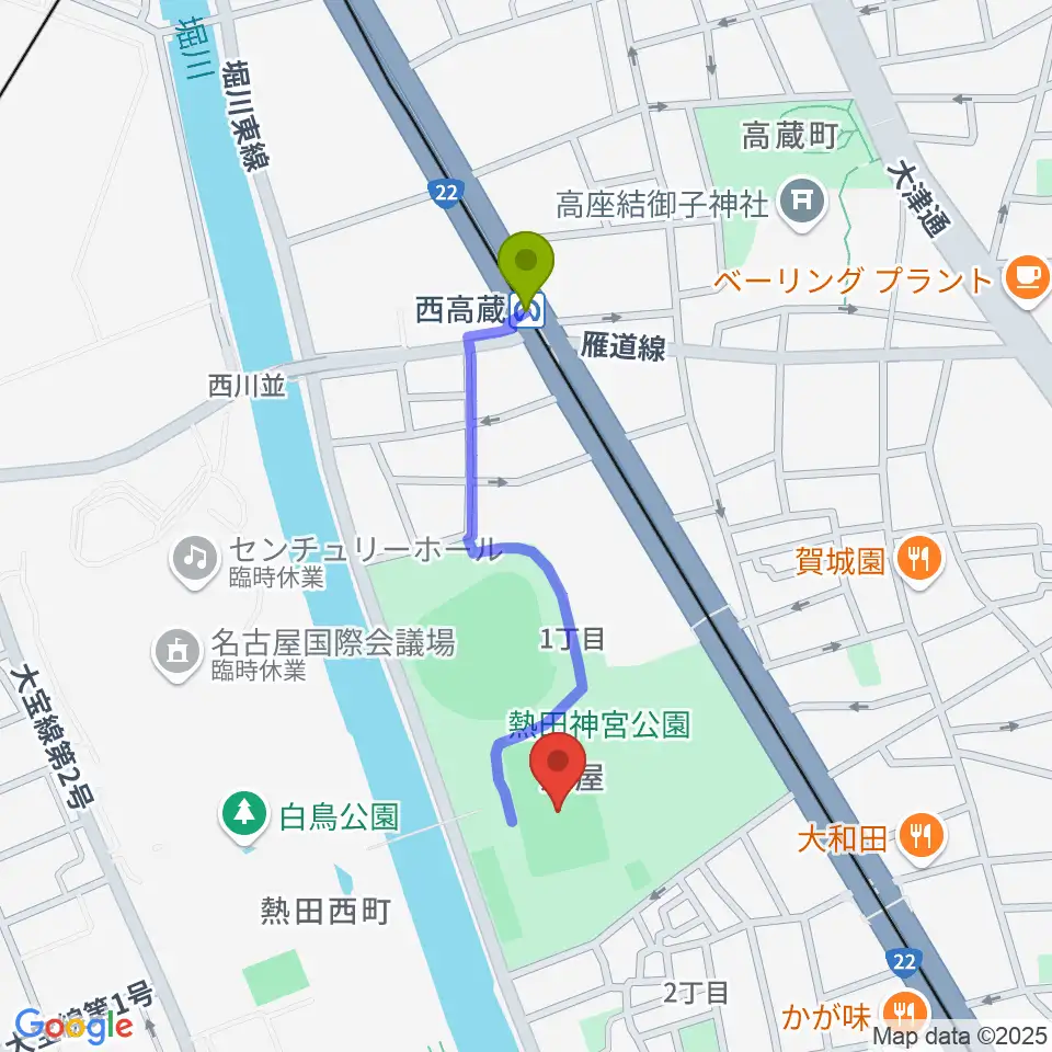 熱田球技場の最寄駅西高蔵駅からの徒歩ルート（約7分）地図