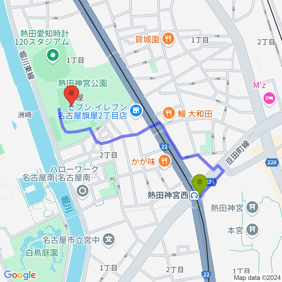 神宮西駅から熱田球技場へのルートマップ地図