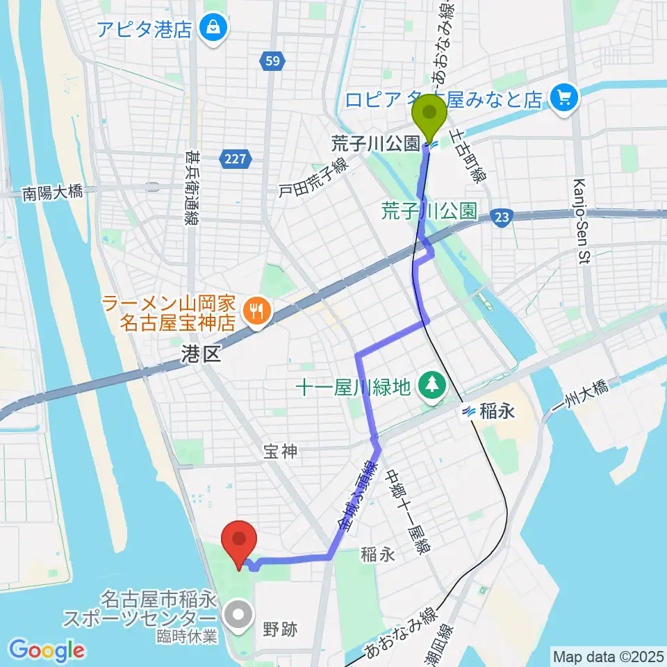 荒子川公園駅から稲永公園野球場へのルートマップ地図