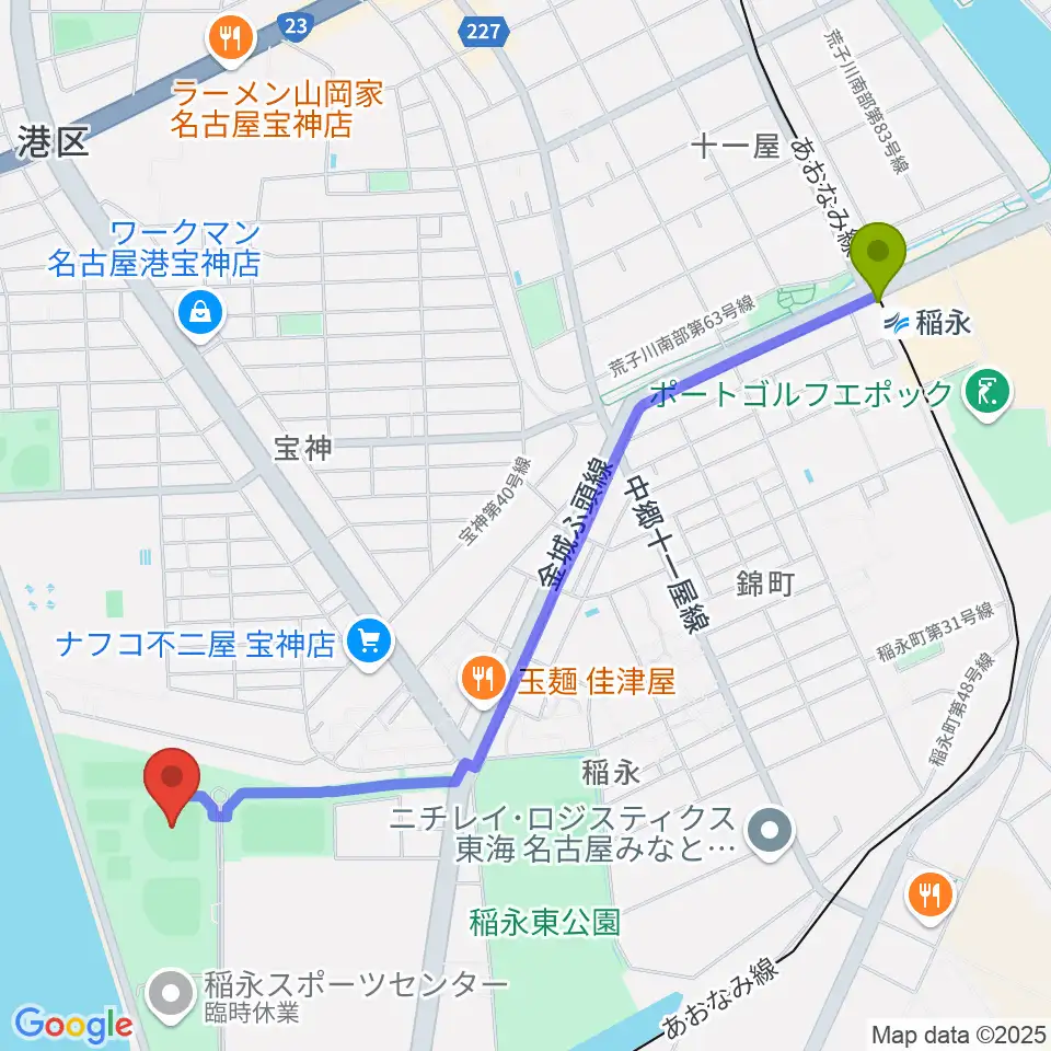 稲永駅から稲永公園野球場へのルートマップ地図