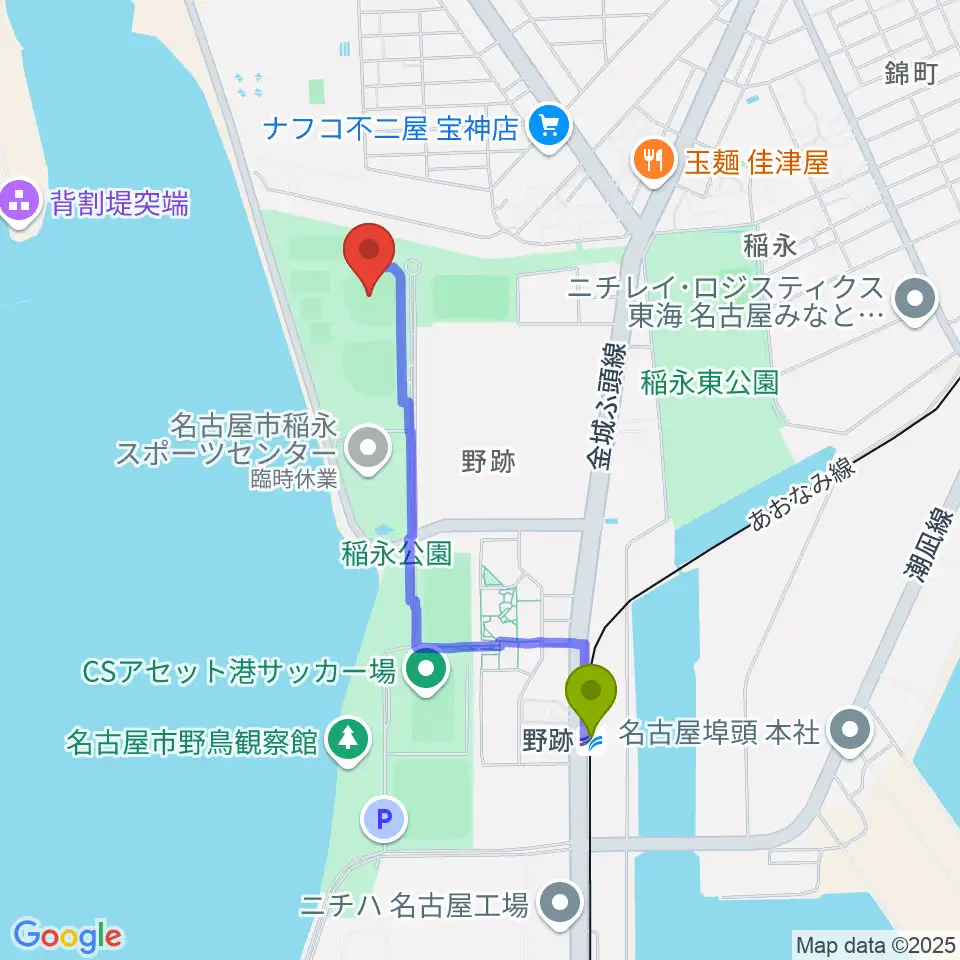 稲永公園野球場の最寄駅野跡駅からの徒歩ルート（約16分）地図