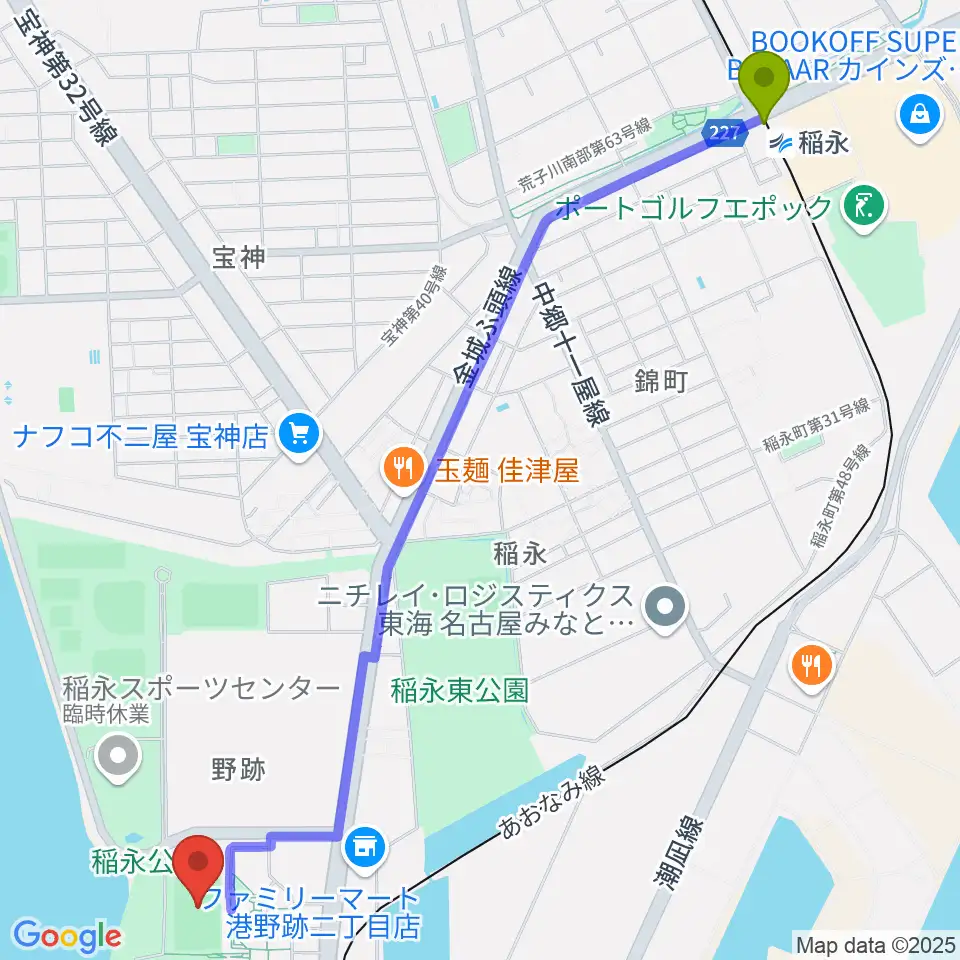 稲永駅から稲永公園球技場へのルートマップ地図