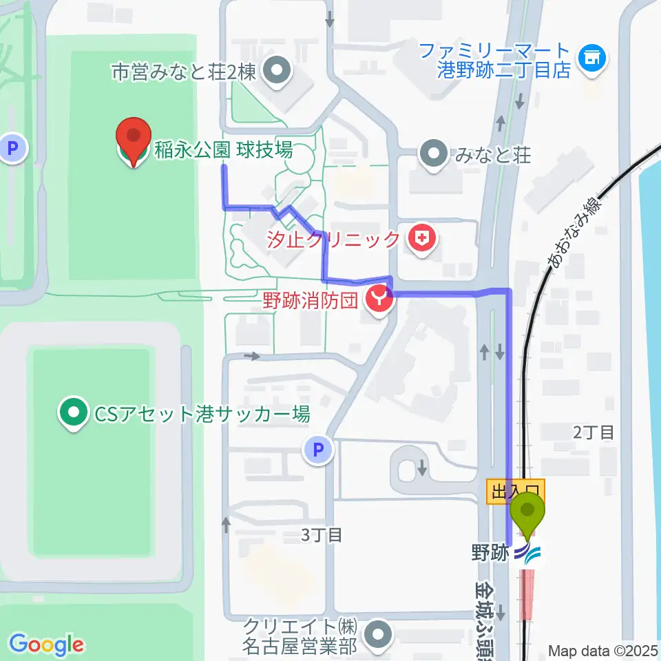 稲永公園球技場の最寄駅野跡駅からの徒歩ルート（約6分）地図
