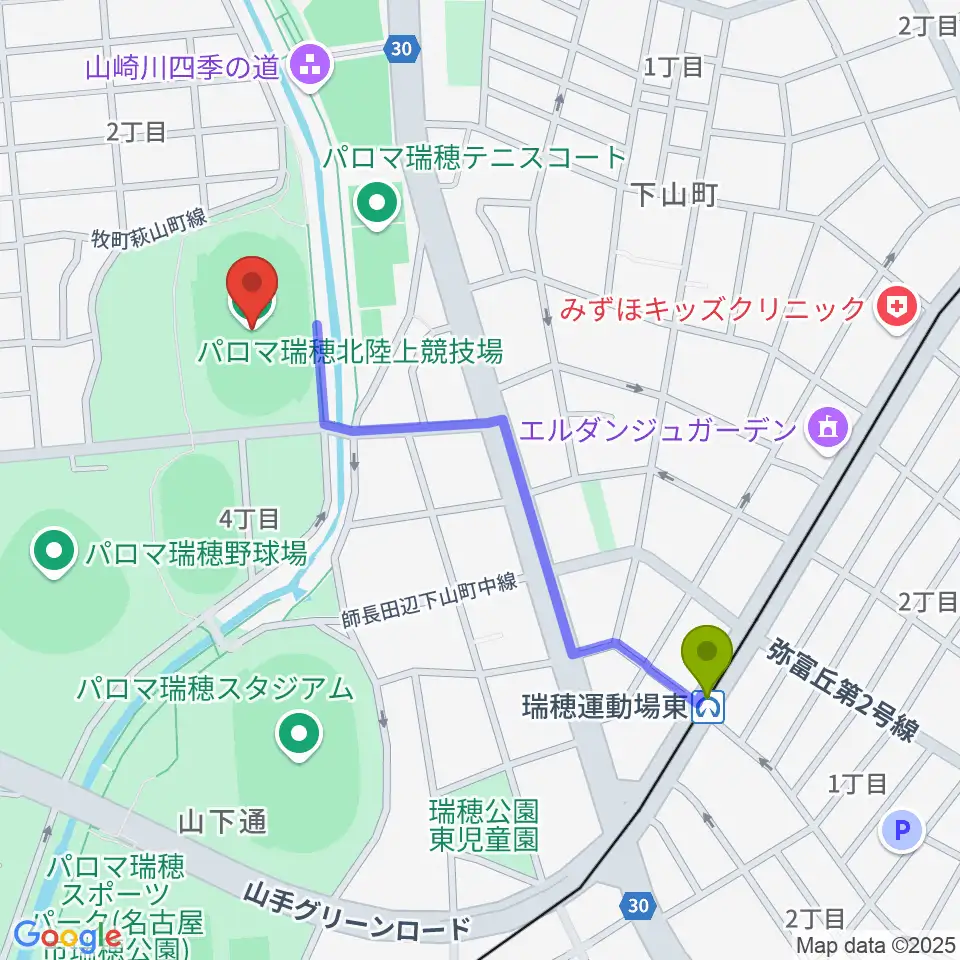 パロマ瑞穂北陸上競技場の最寄駅瑞穂運動場東駅からの徒歩ルート（約10分）地図