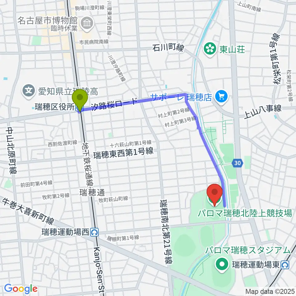 瑞穂区役所駅からパロマ瑞穂北陸上競技場へのルートマップ地図