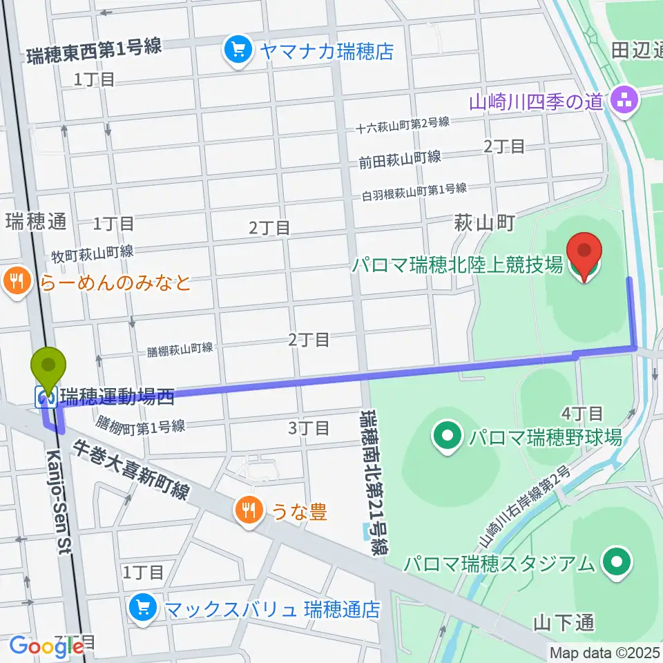 瑞穂運動場西駅からパロマ瑞穂北陸上競技場へのルートマップ地図