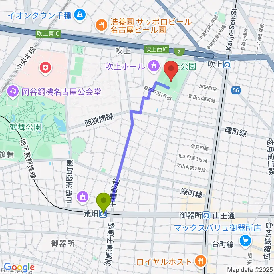 荒畑駅から吹上公園野球場へのルートマップ地図