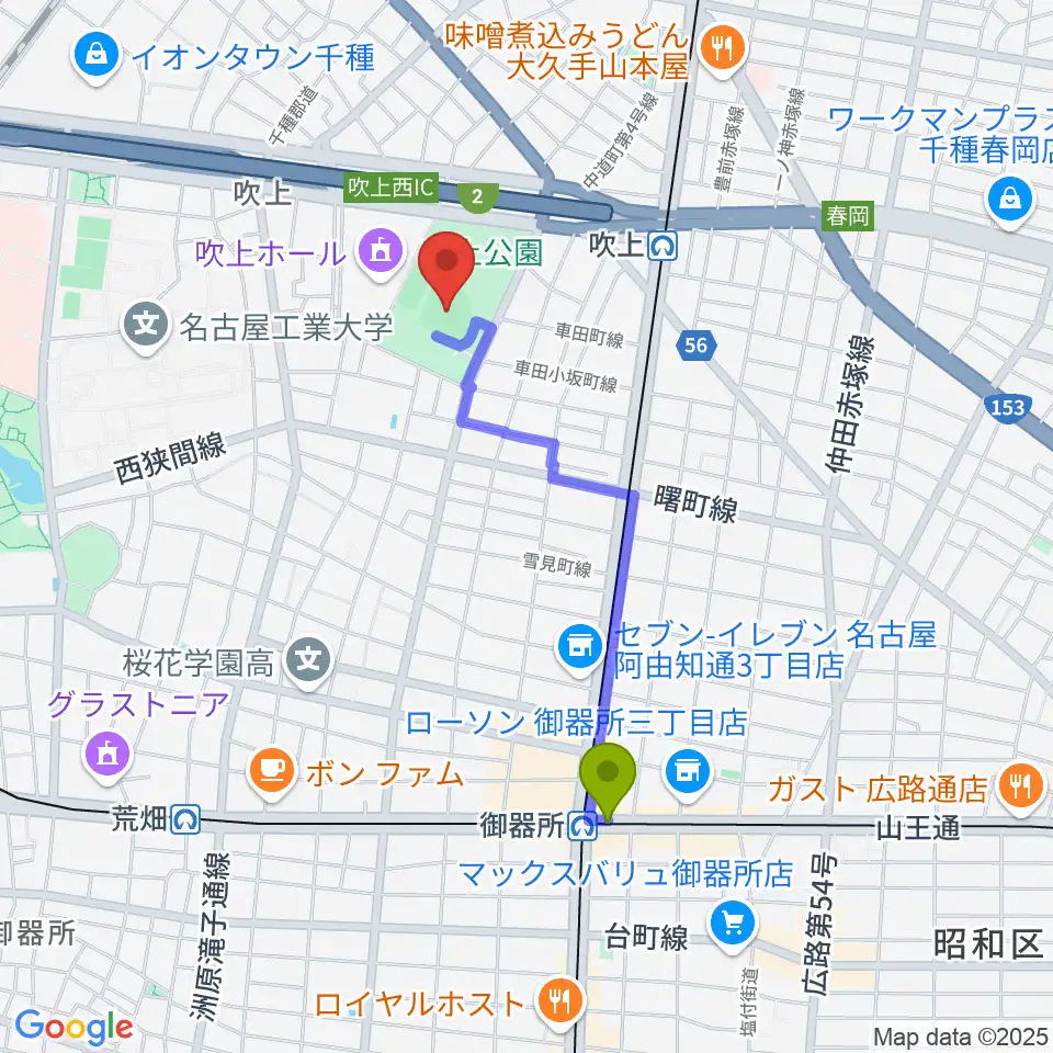 御器所駅から吹上公園野球場へのルートマップ地図