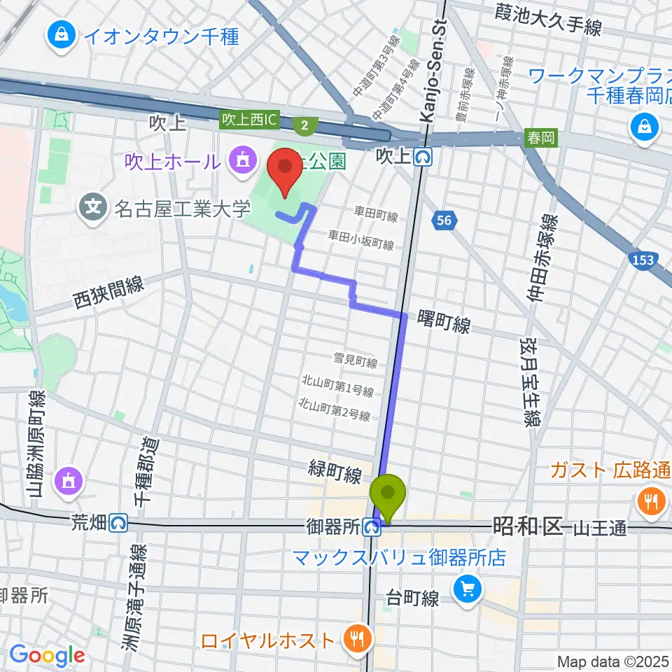 御器所駅から吹上公園野球場へのルートマップ地図