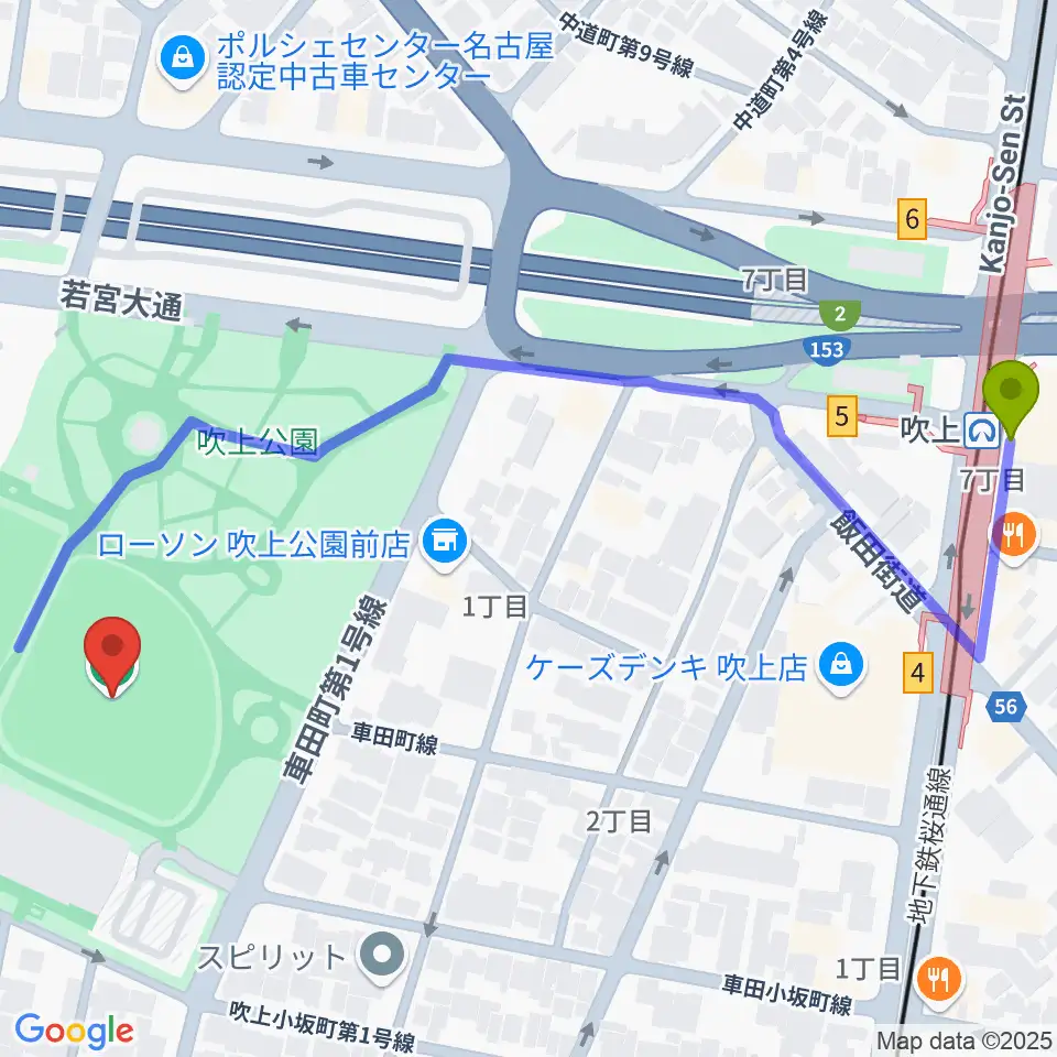 吹上公園野球場の最寄駅吹上駅からの徒歩ルート（約7分）地図