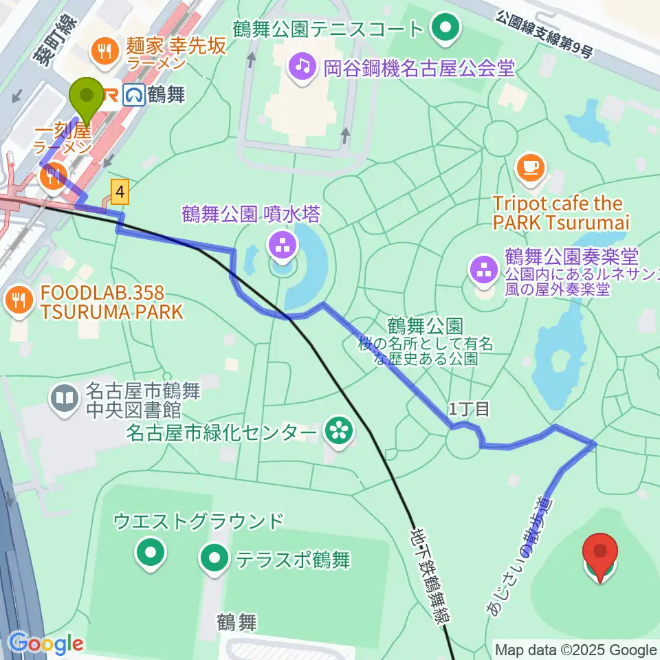 鶴舞公園野球場の最寄駅鶴舞駅からの徒歩ルート（約8分）地図
