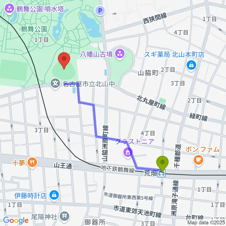 荒畑駅から鶴舞公園野球場へのルートマップ地図