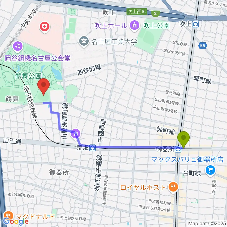 御器所駅から鶴舞公園野球場へのルートマップ地図