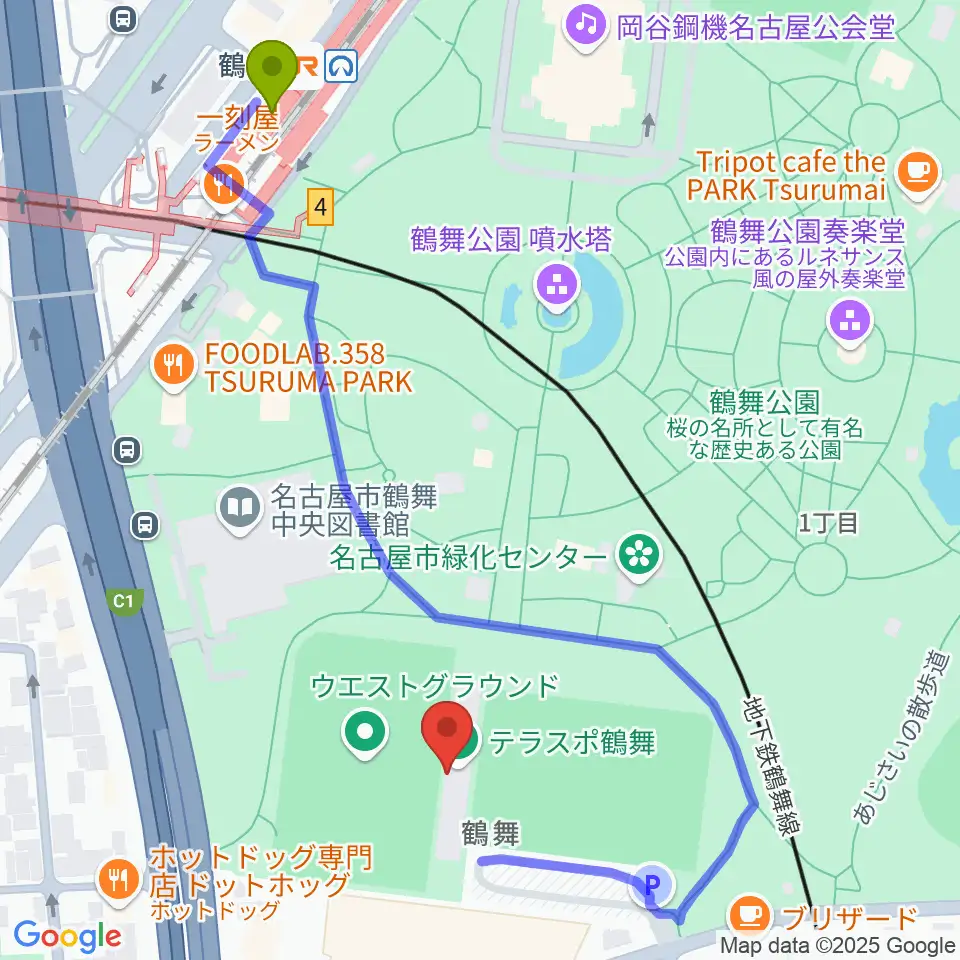 テラスポ鶴舞の最寄駅鶴舞駅からの徒歩ルート（約6分）地図
