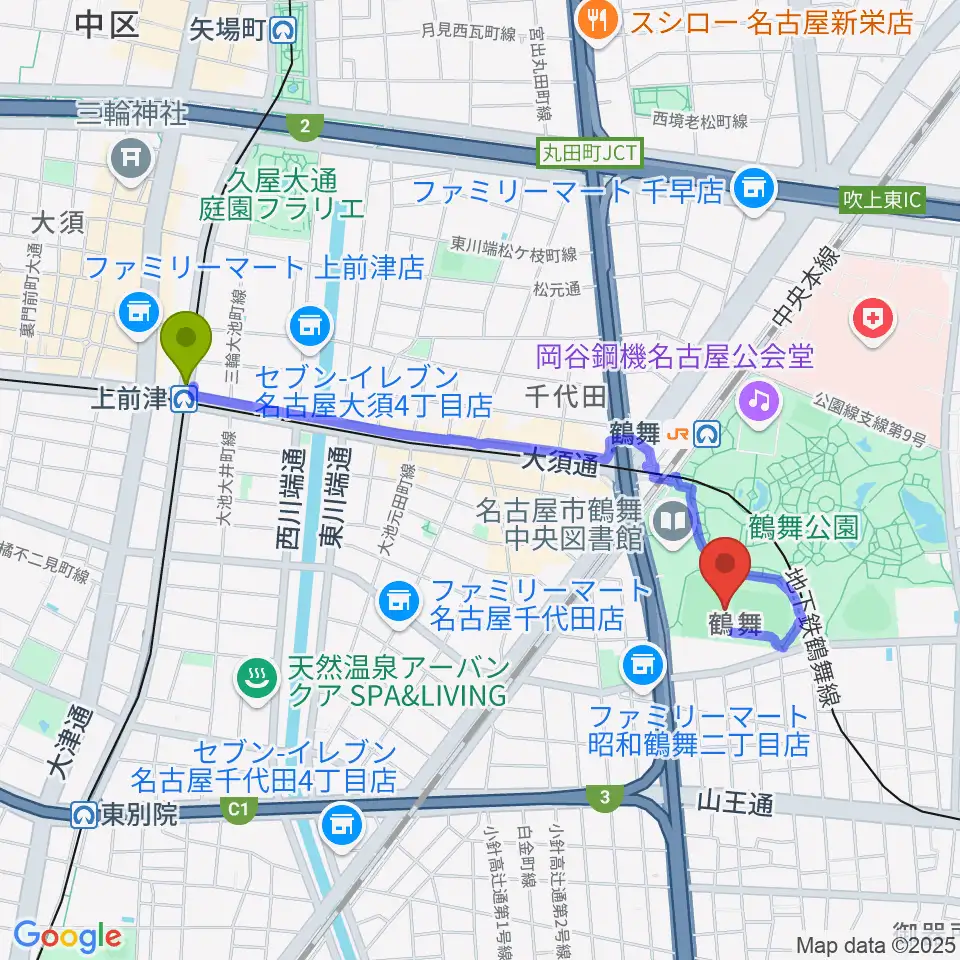 上前津駅からテラスポ鶴舞へのルートマップ地図