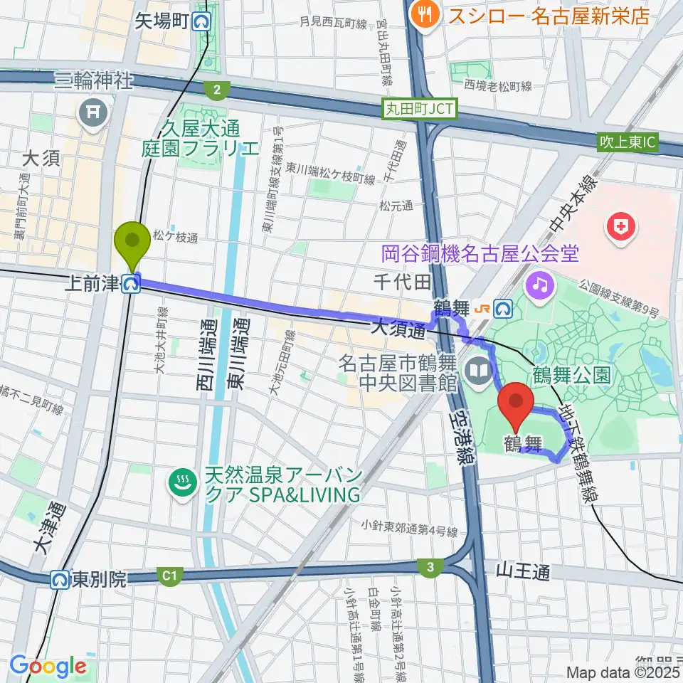 上前津駅からテラスポ鶴舞へのルートマップ地図