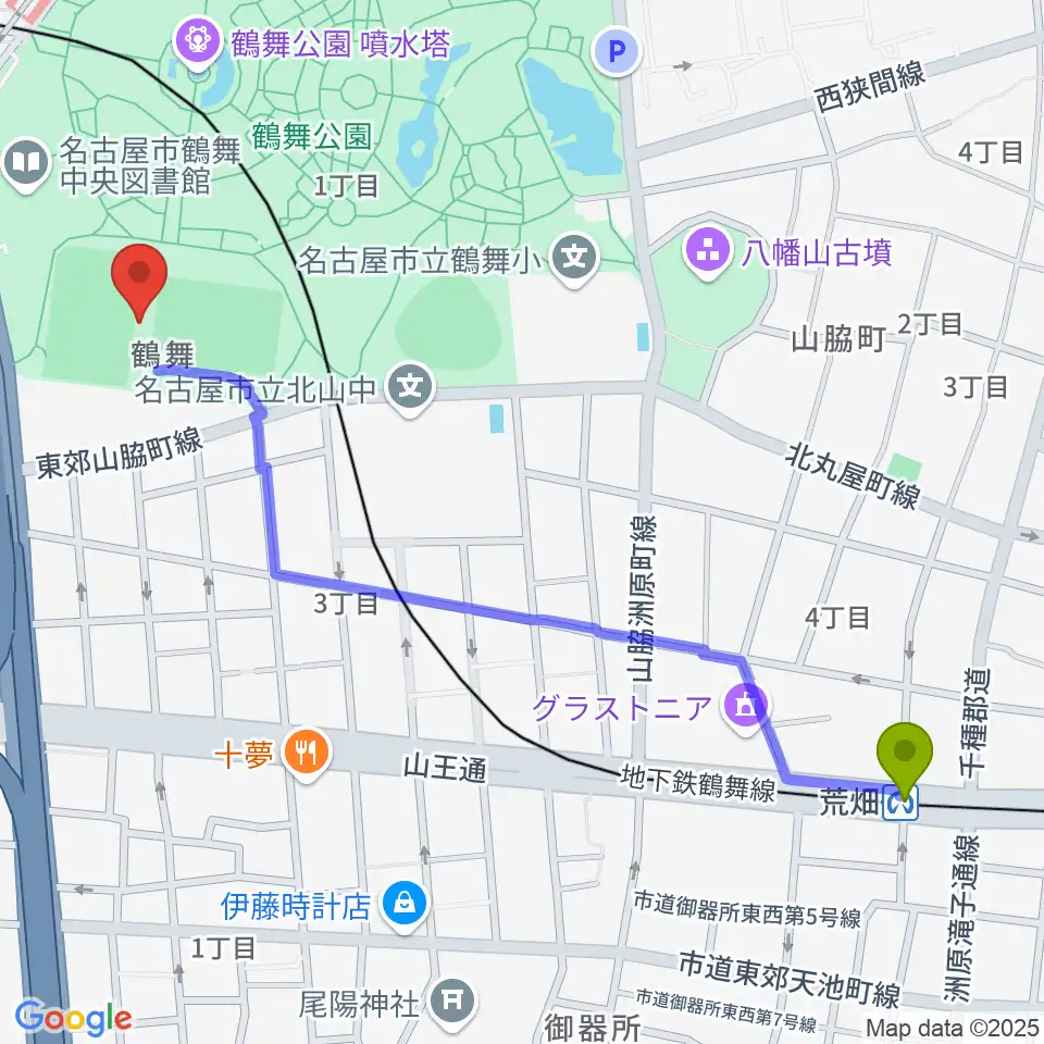 荒畑駅からテラスポ鶴舞へのルートマップ地図